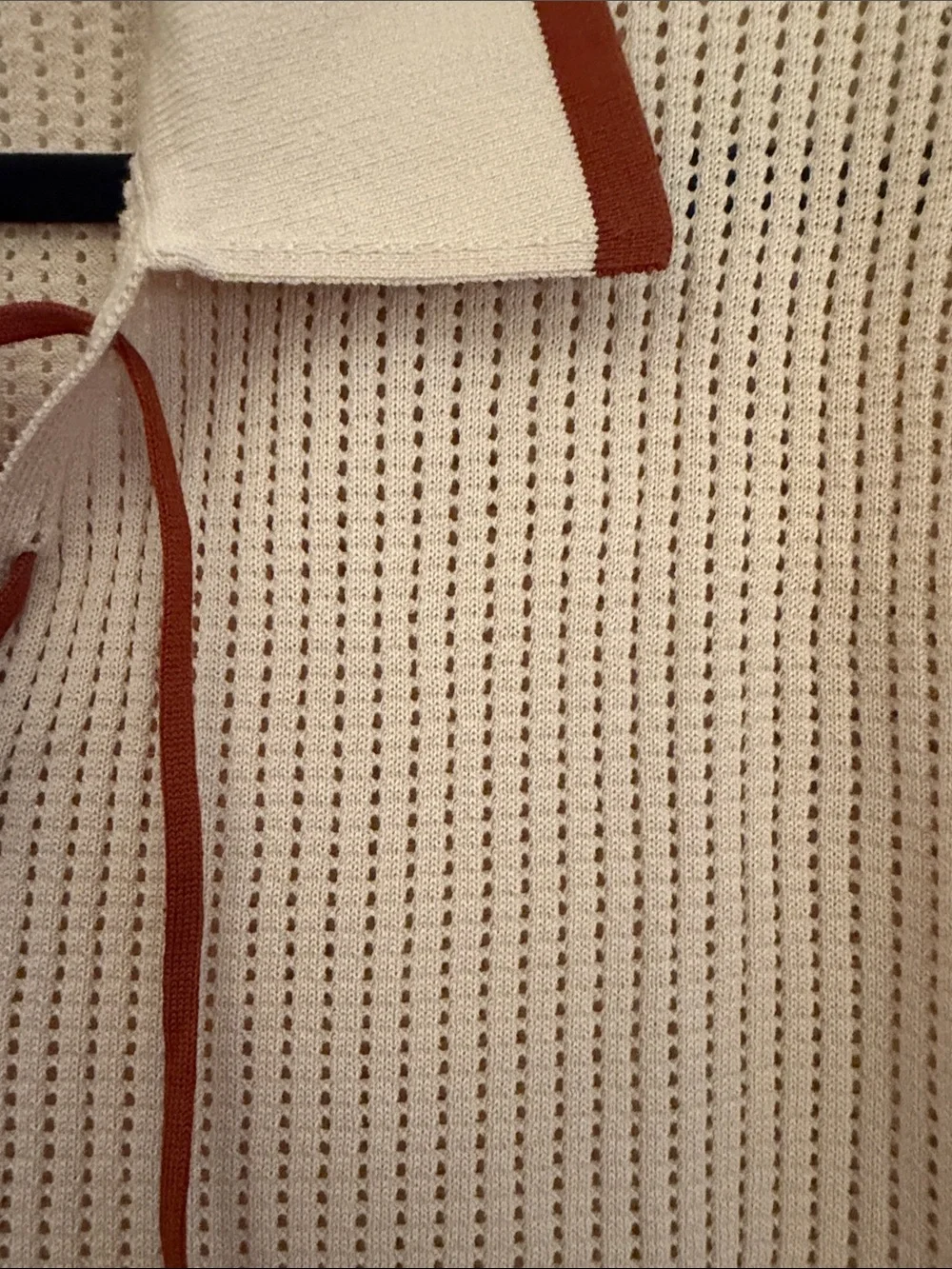 Men's Lace-Up Knit Polo in Cream with Rust Trim